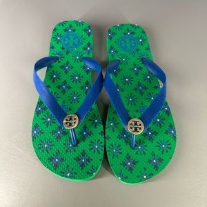 Tory Burch Navy and Green Flip Flops SZ 7 WMNS